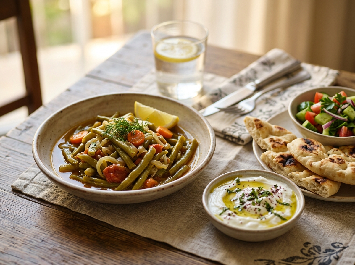 A bowl of chilled green beans garnished with lemon and feta.