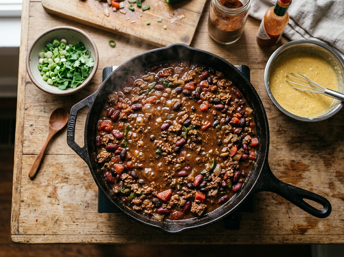 A golden cornbread crust cracking over bubbling chili beneath.