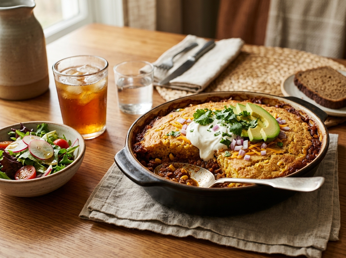 A bowl of casserole topped with avocado, yogurt, and cilantro.