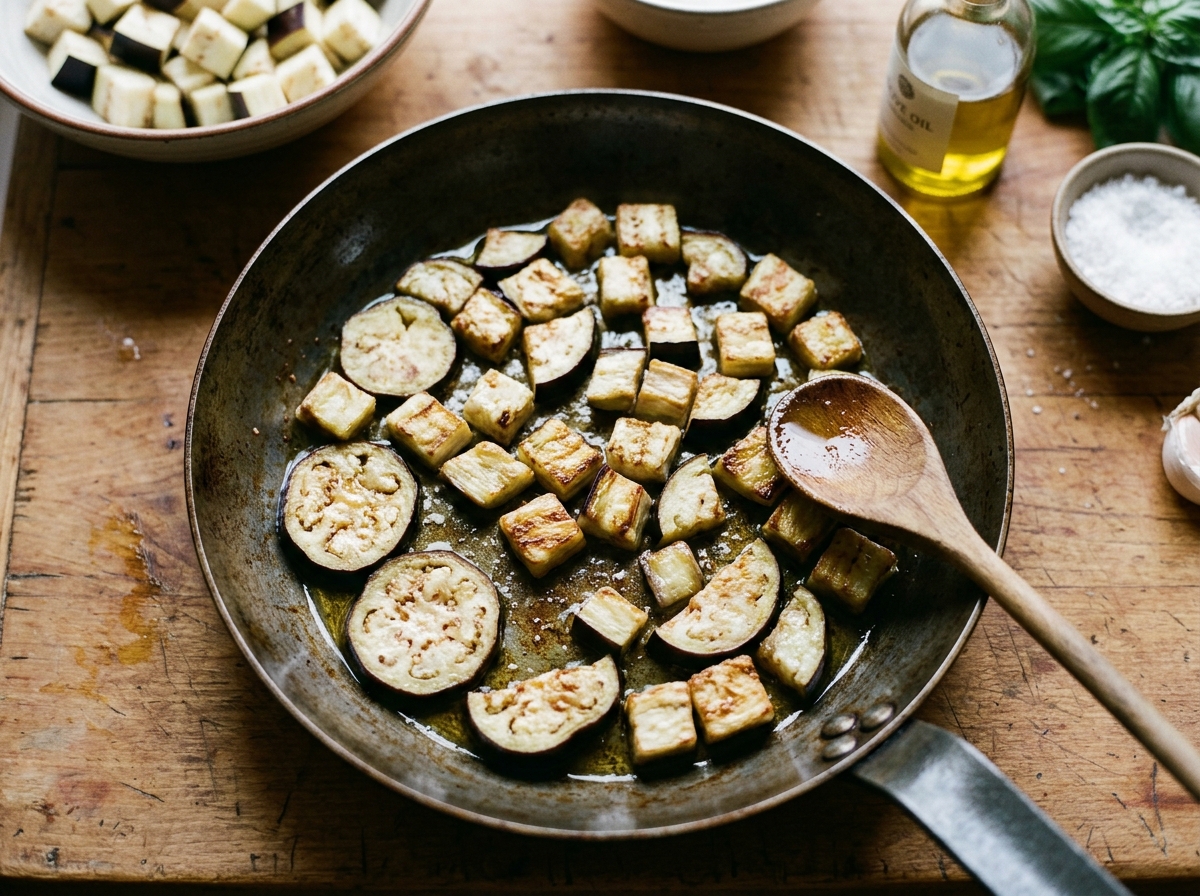 Golden fried eggplant cubes draining on paper towels before tossing with pasta.