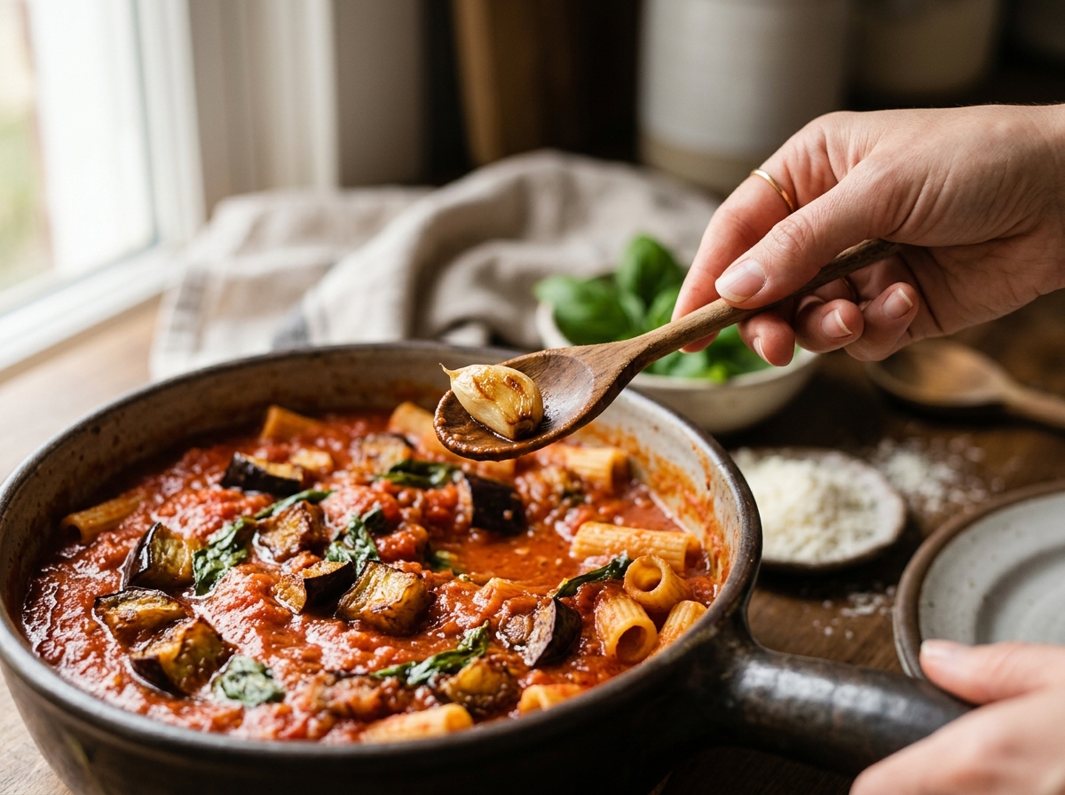 Garlic-infused tomato sauce simmering gently in a wide skillet.