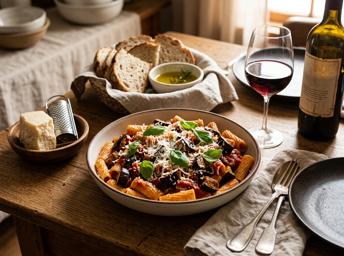 A finished bowl of pasta alla Norma topped with grated ricotta salata.