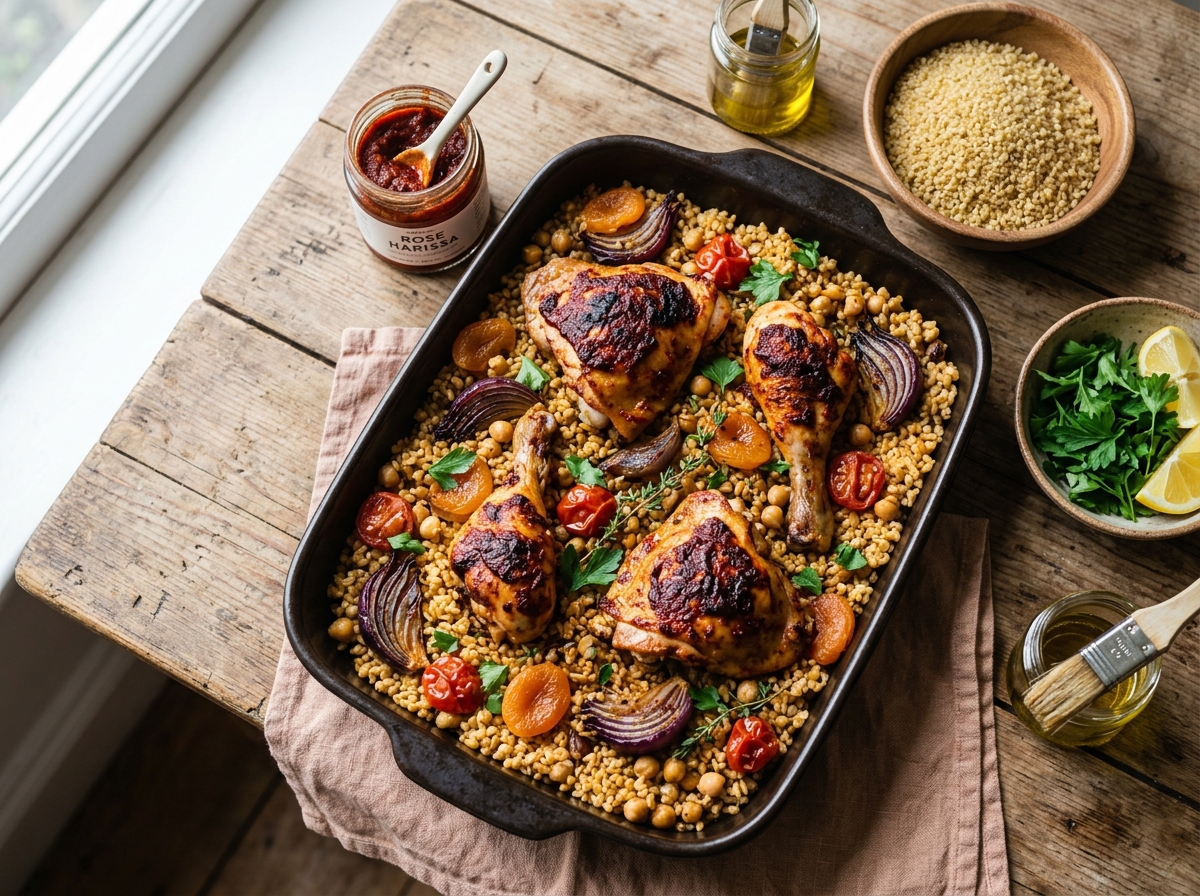 Golden roasted chicken pieces glazed with harissa, resting on a platter.