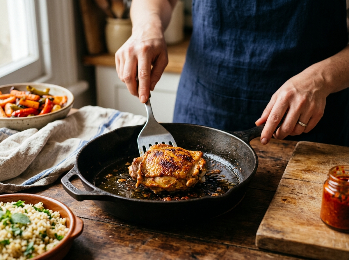 Chicken searing skin-side down in a cast iron skillet.