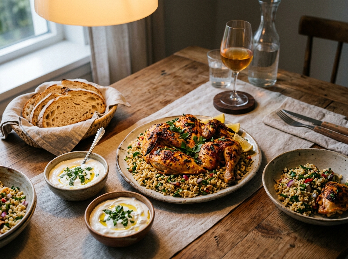 Plated chicken and bulgur salad garnished with fresh dill.
