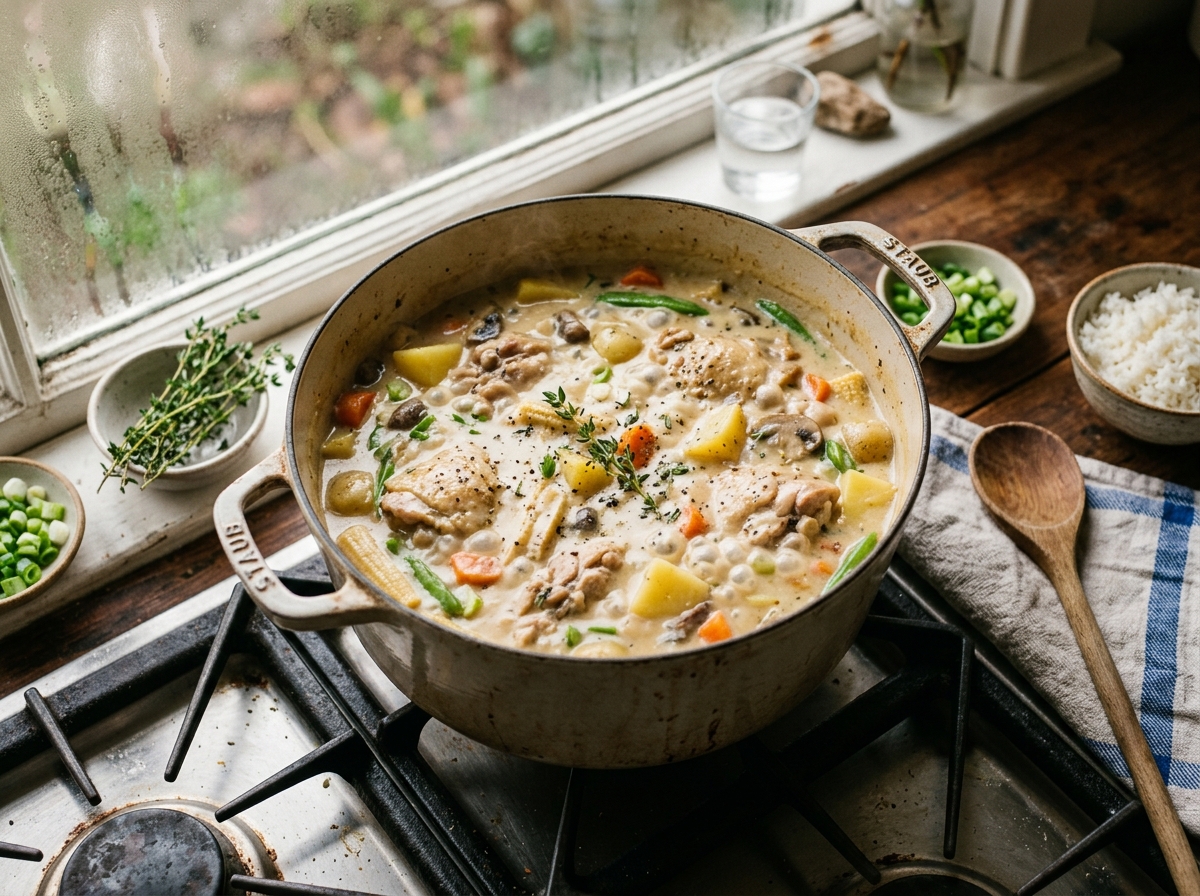 A steaming pot of creamy chicken stew topped with fluffy dumplings.