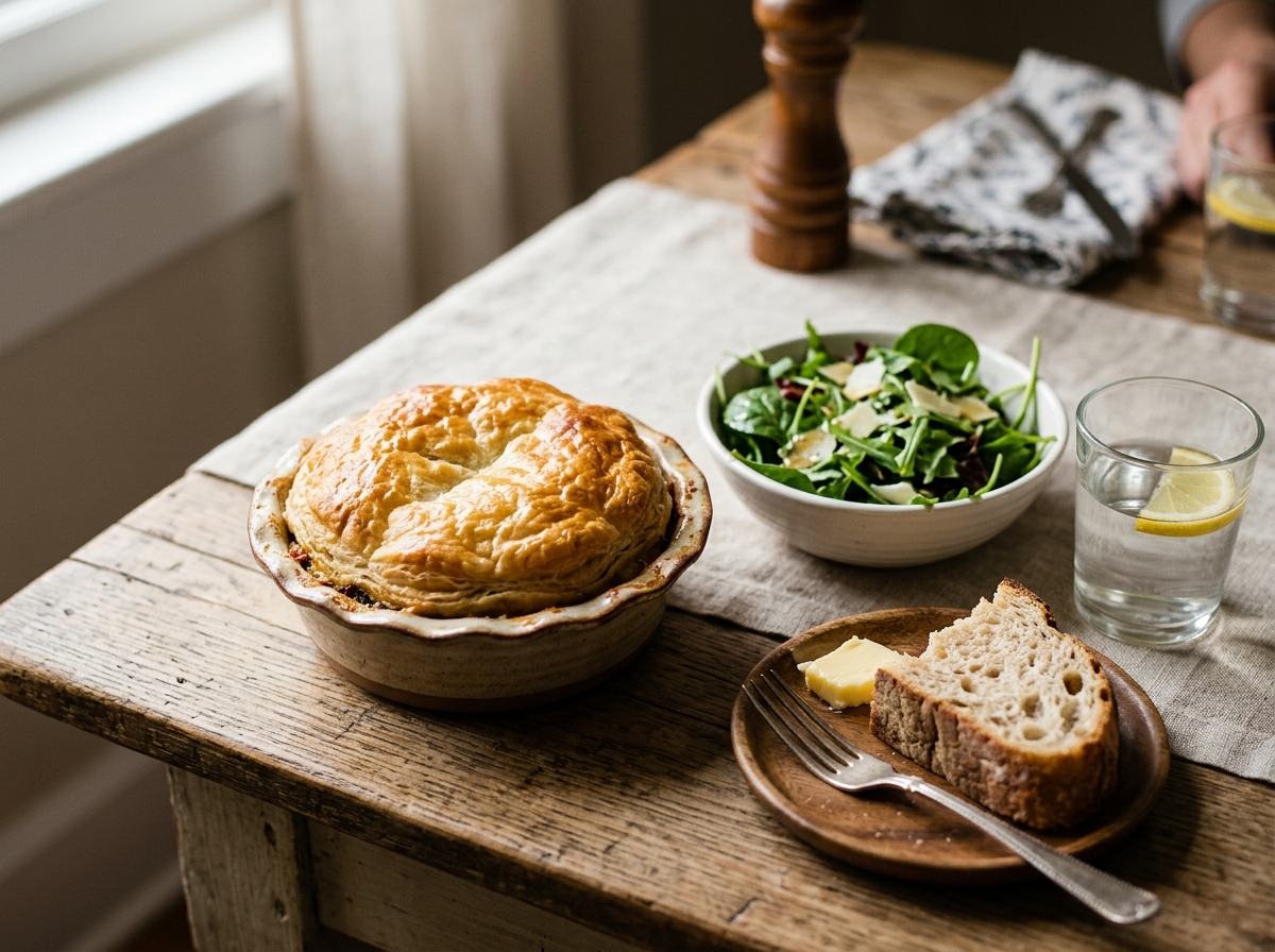 A slice of pot pie plated with a fresh green salad