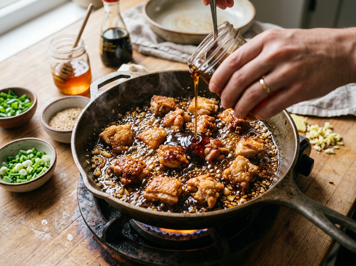 Glossy honey garlic chicken thighs glazed and ready to serve.