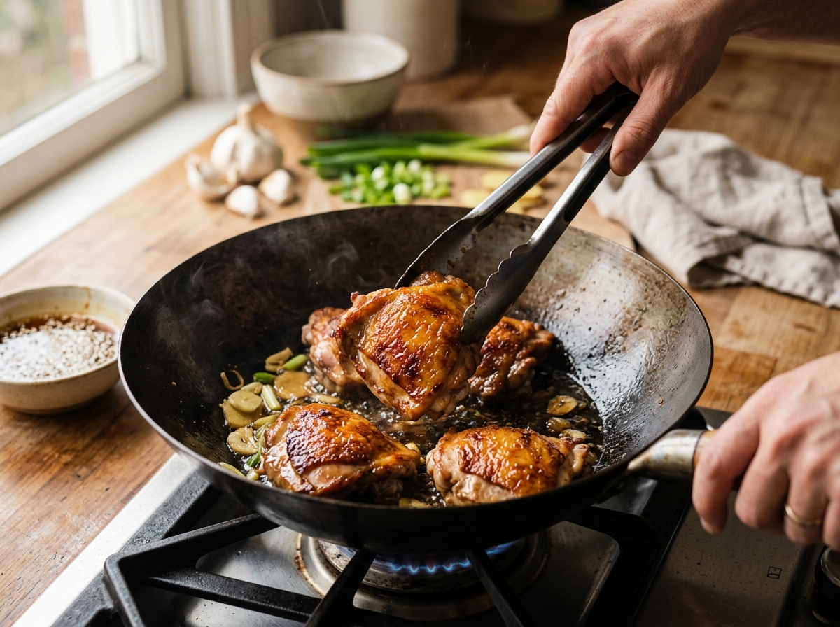 Garlic slices sizzling in a honey soy glaze.