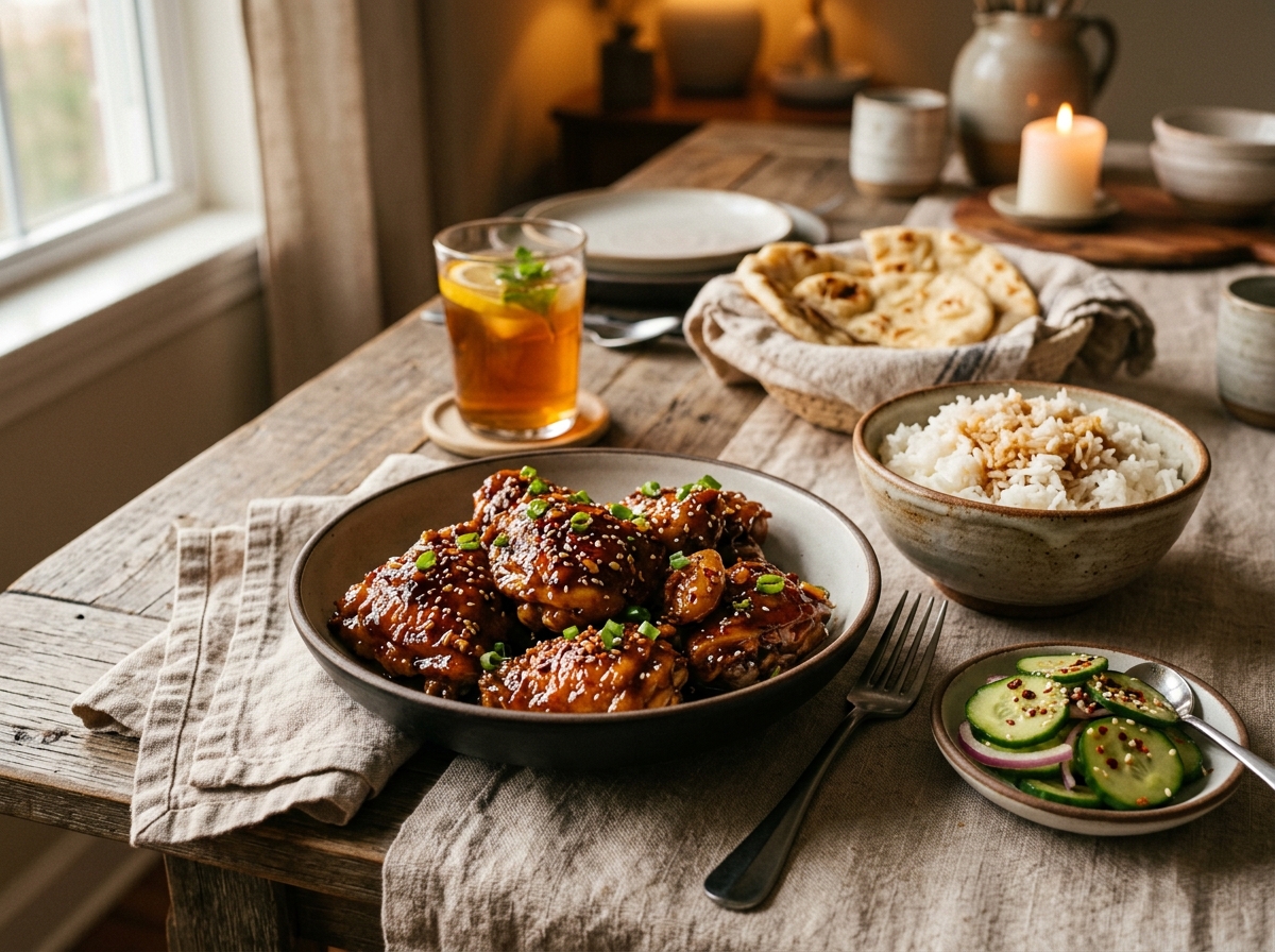 Honey garlic chicken served over rice with vegetables.