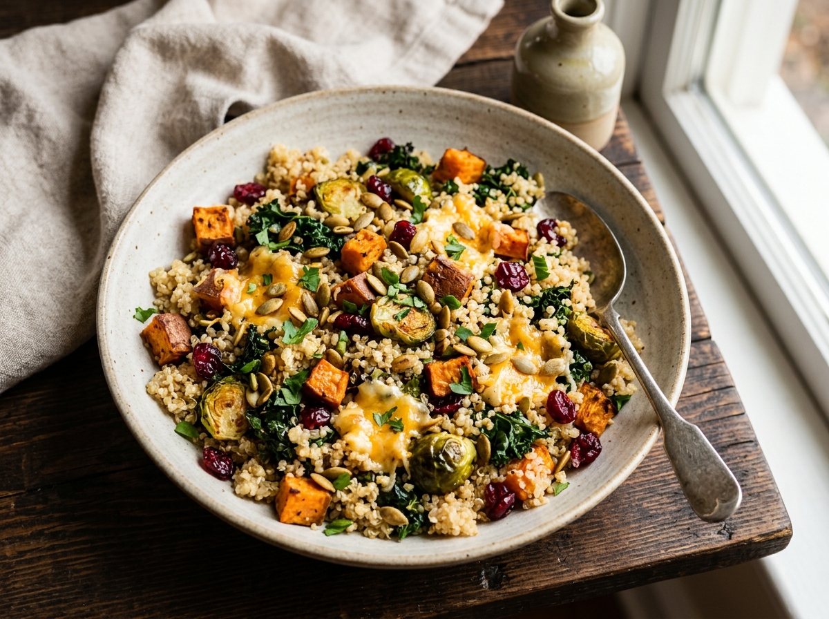 A rustic grain bowl filled with roasted vegetables and crumbled cheese.