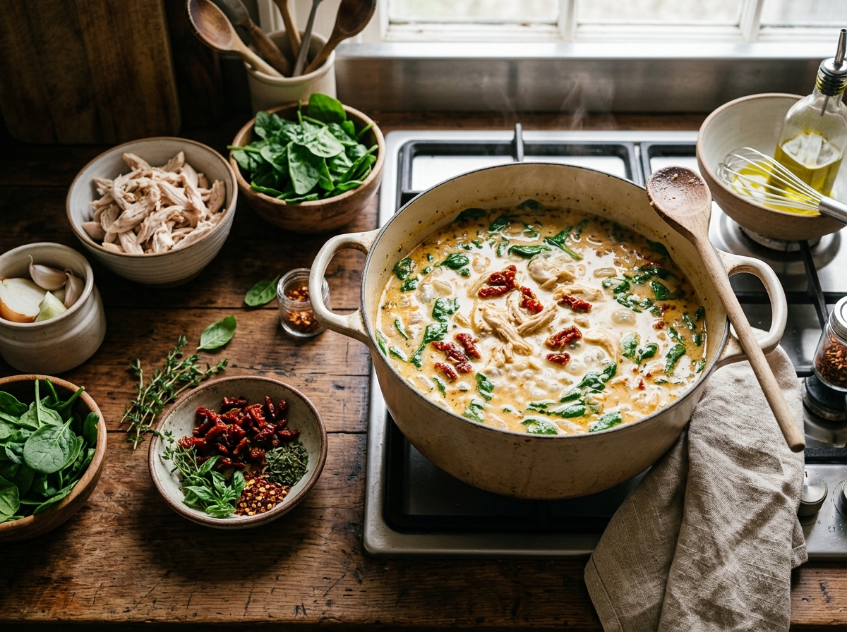 A steaming bowl of creamy chicken gnocchi soup with basil garnish