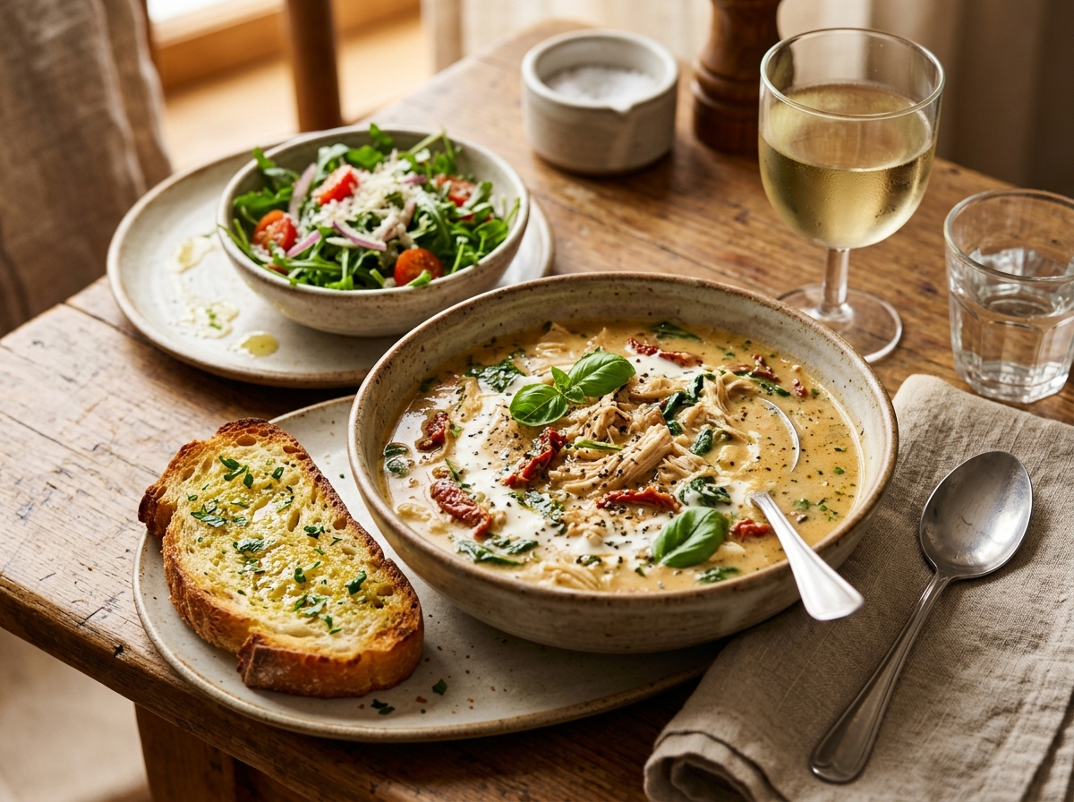 Bowl of soup served with crusty bread and fresh basil