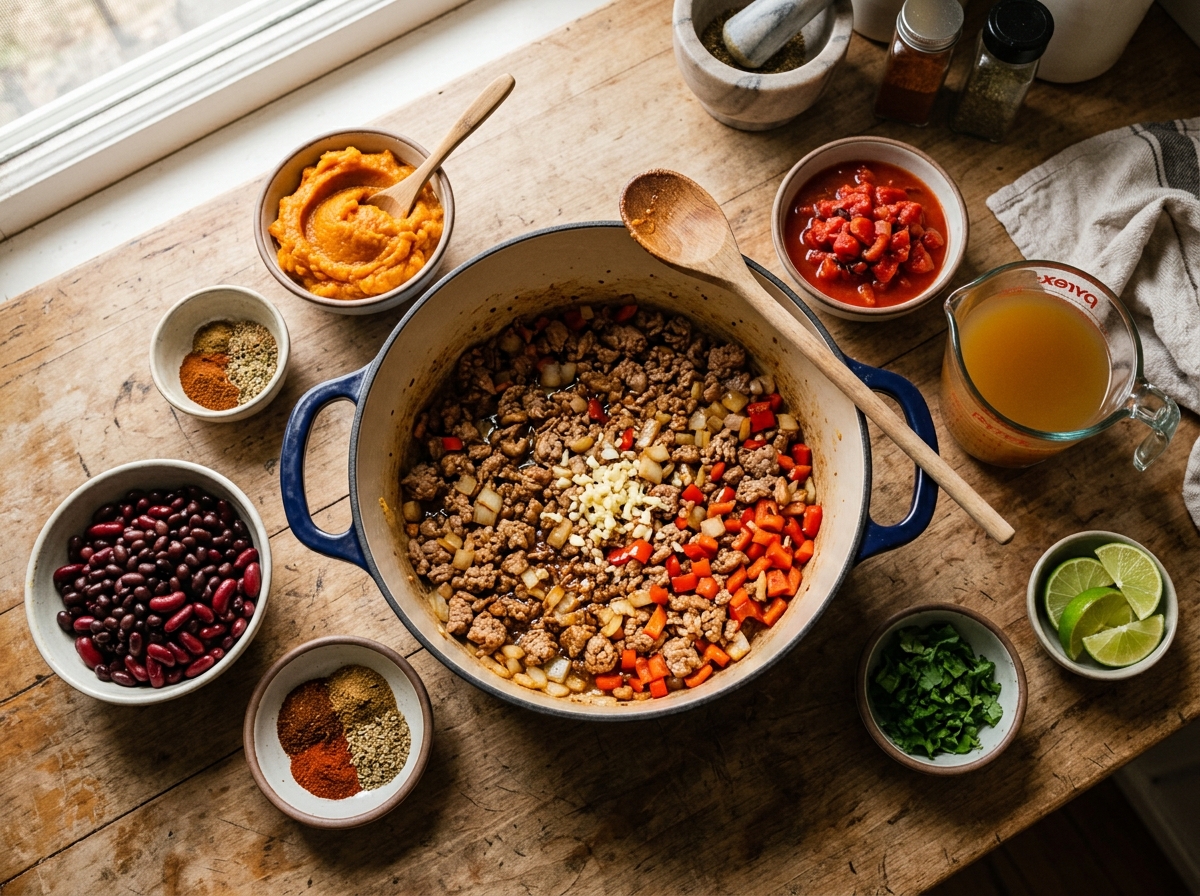 A steaming bowl of pumpkin chili topped with fresh cilantro.