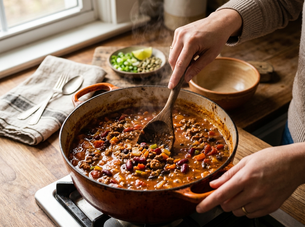 Ground beef browning with diced onion and bell pepper in a Dutch oven.