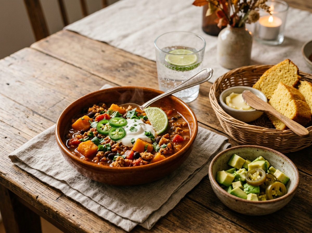 Chili toppings bar with avocado, lime, and cilantro arranged nearby.