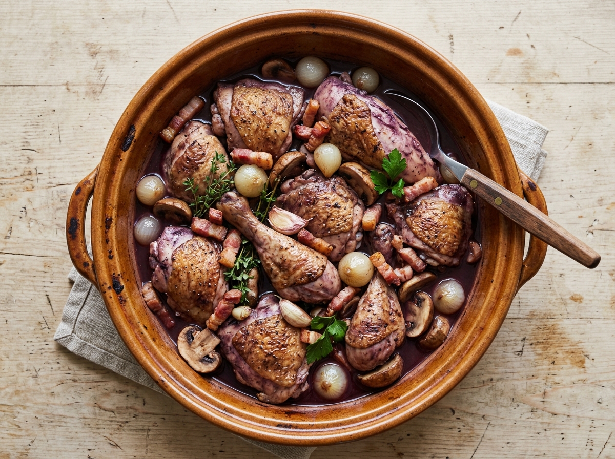 A steaming pot of coq au vin with glossy red wine sauce