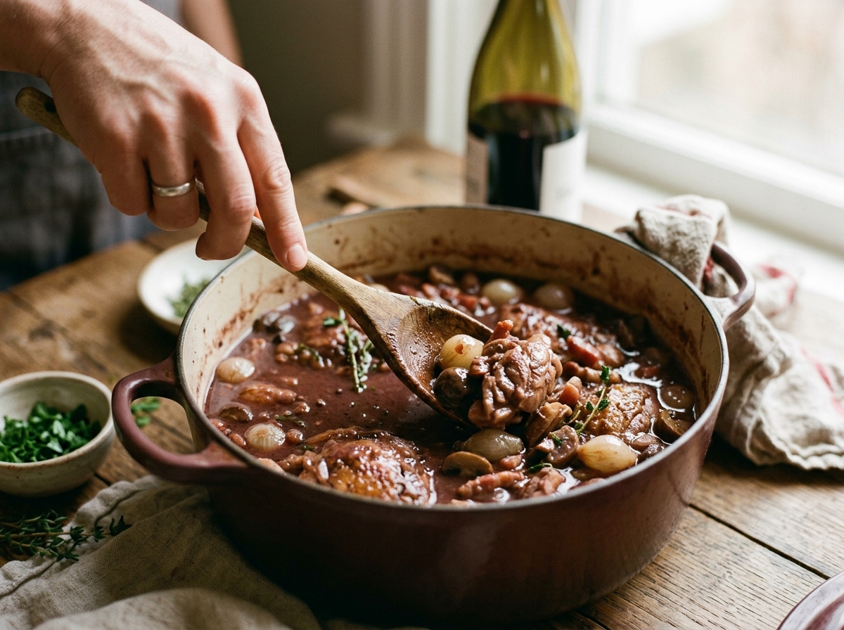Browning chicken thighs skin-side down in a Dutch oven