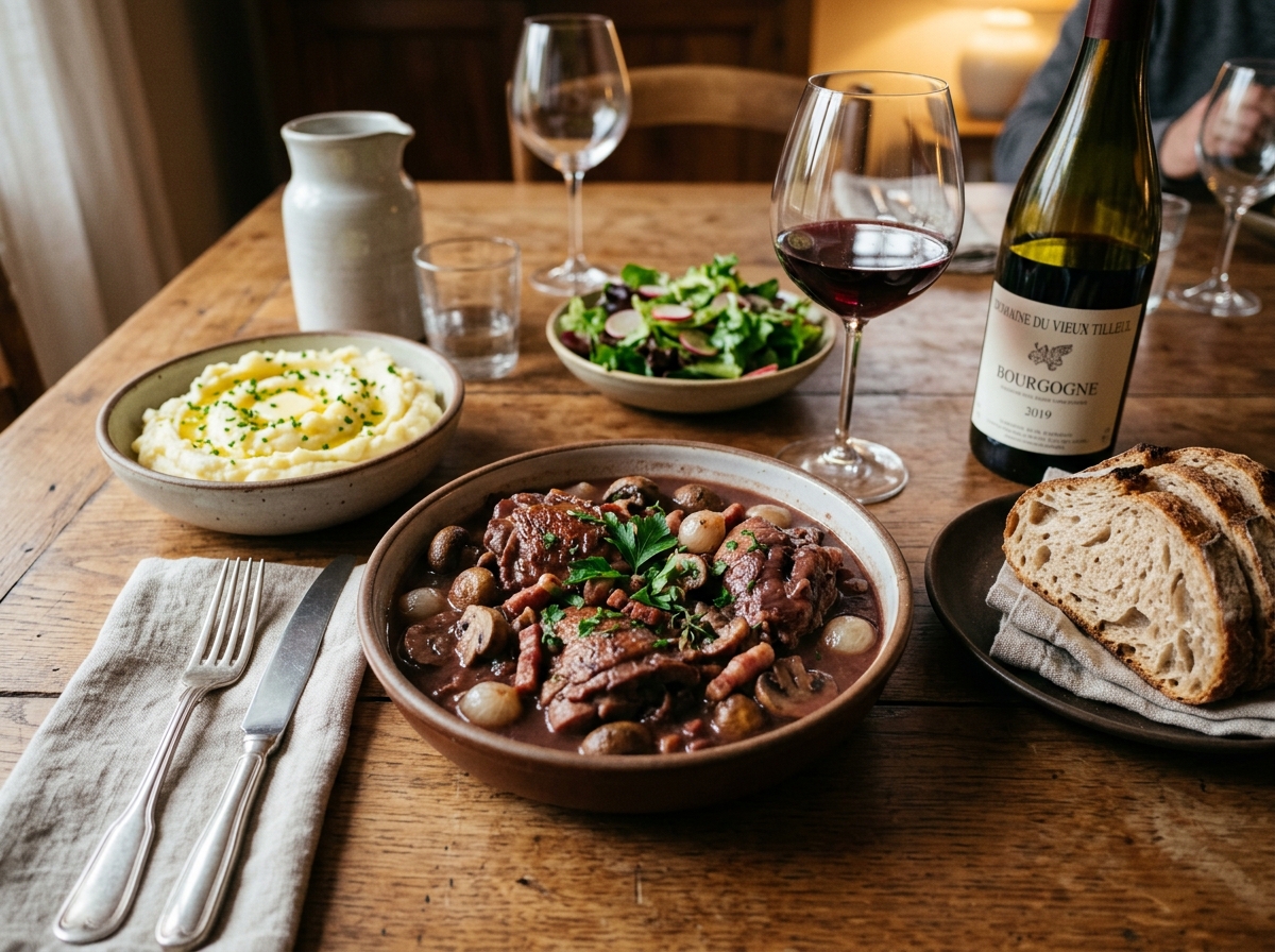 Coq au vin served over creamy mashed potatoes with crusty bread