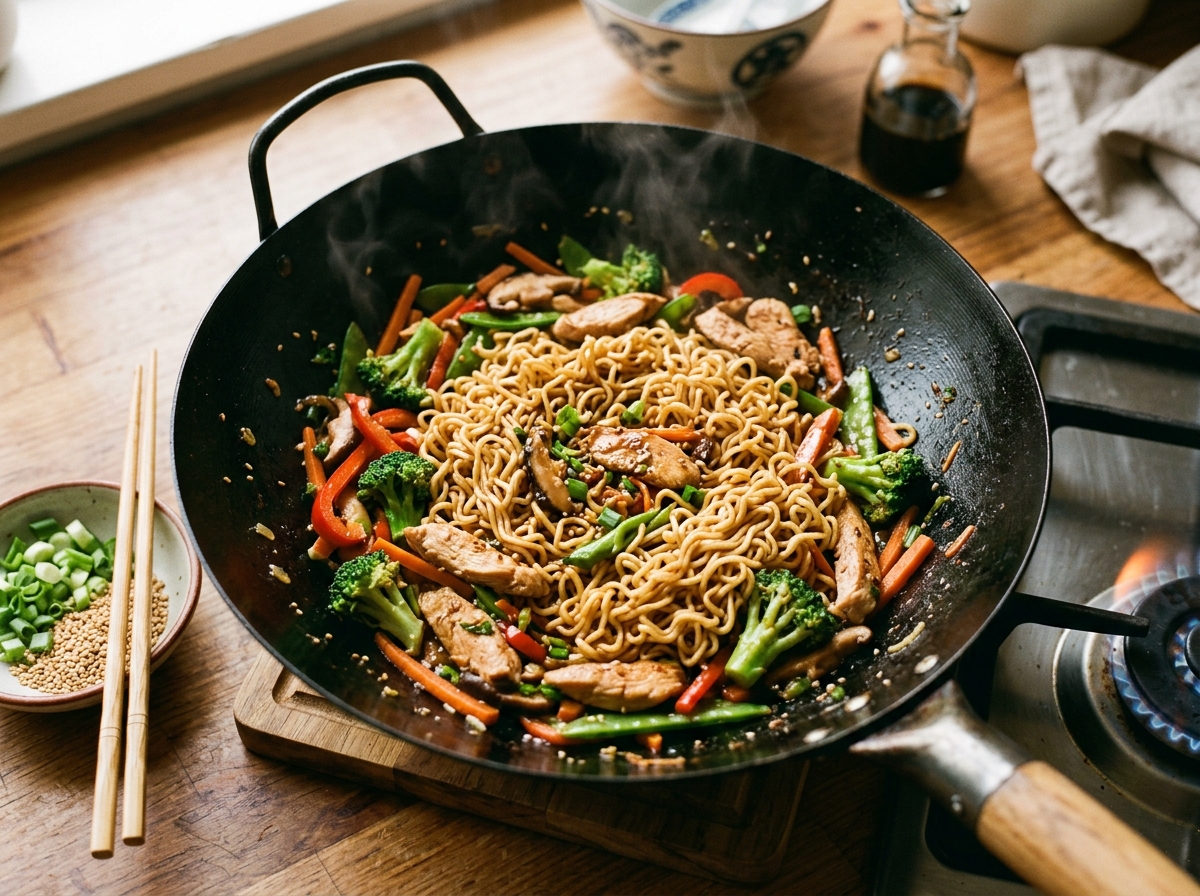 Sizzling ramen noodles and beef tossed together on a hot griddle.