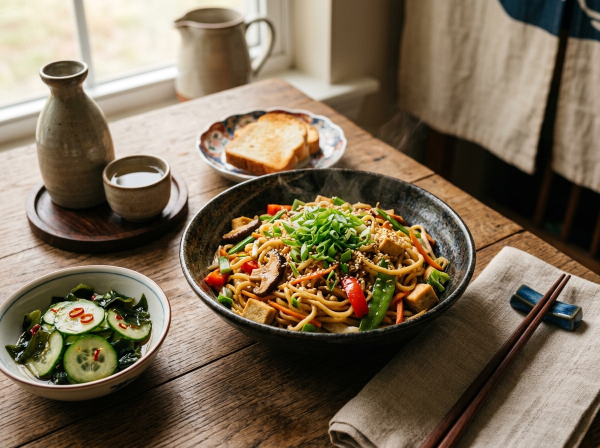A finished bowl of ramen stir fry topped with green onions.