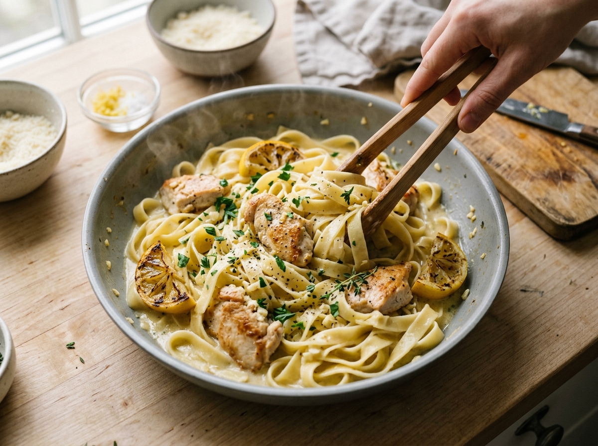 Creamy lemon parmesan fettuccine topped with sliced seasoned chicken.
