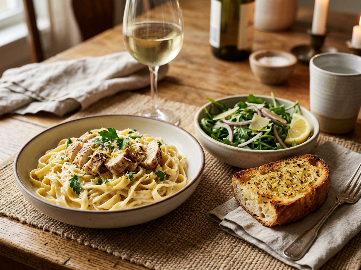 Plated fettuccine garnished with parsley and a lemon wedge.