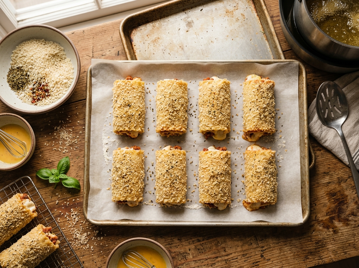 Golden fried lasagna rolls stacked over a pool of marinara sauce.