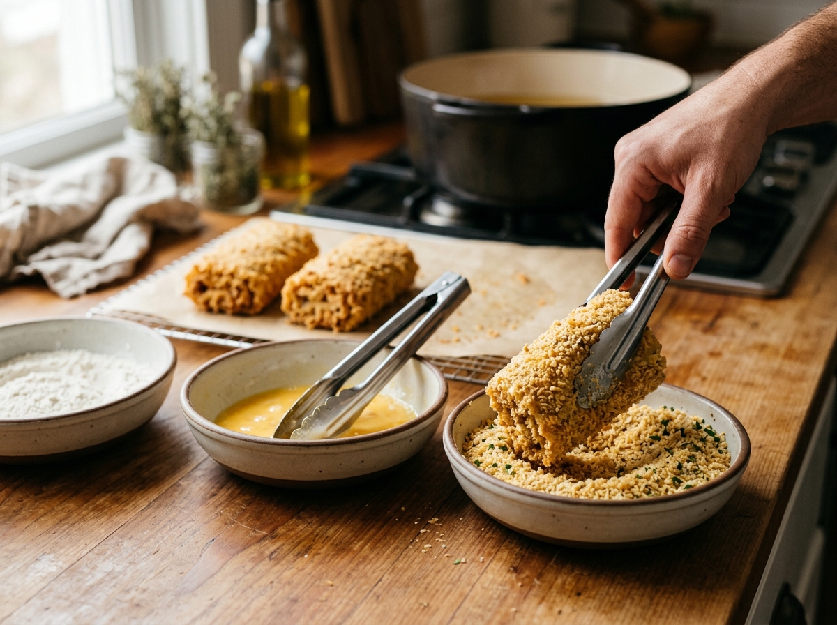 Lasagna rolls being coated in breadcrumbs before frying.