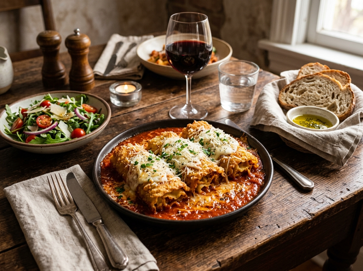 Fried lasagna rolls plated with marinara, Parmesan, and parsley.