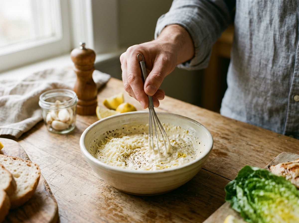 Chicken cutlet being coated in seasoned panko breadcrumbs.