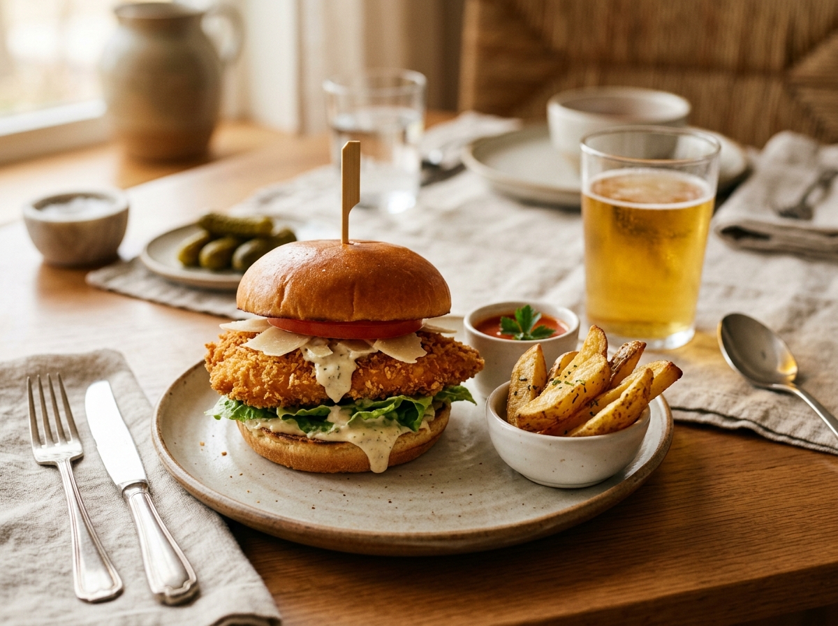 Finished Caesar burger halved, showing crispy chicken and lettuce layers.