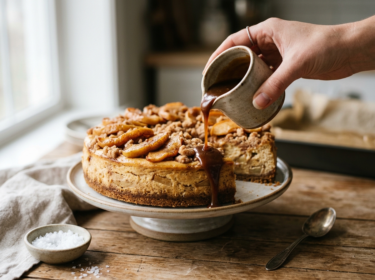 Close-up of golden oat crumble being sprinkled over cheesecake.