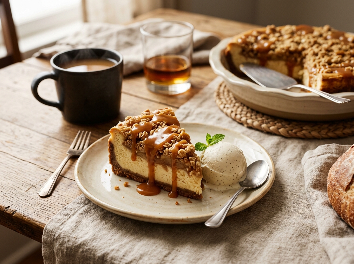 A slice plated with vanilla ice cream and caramel drizzle.