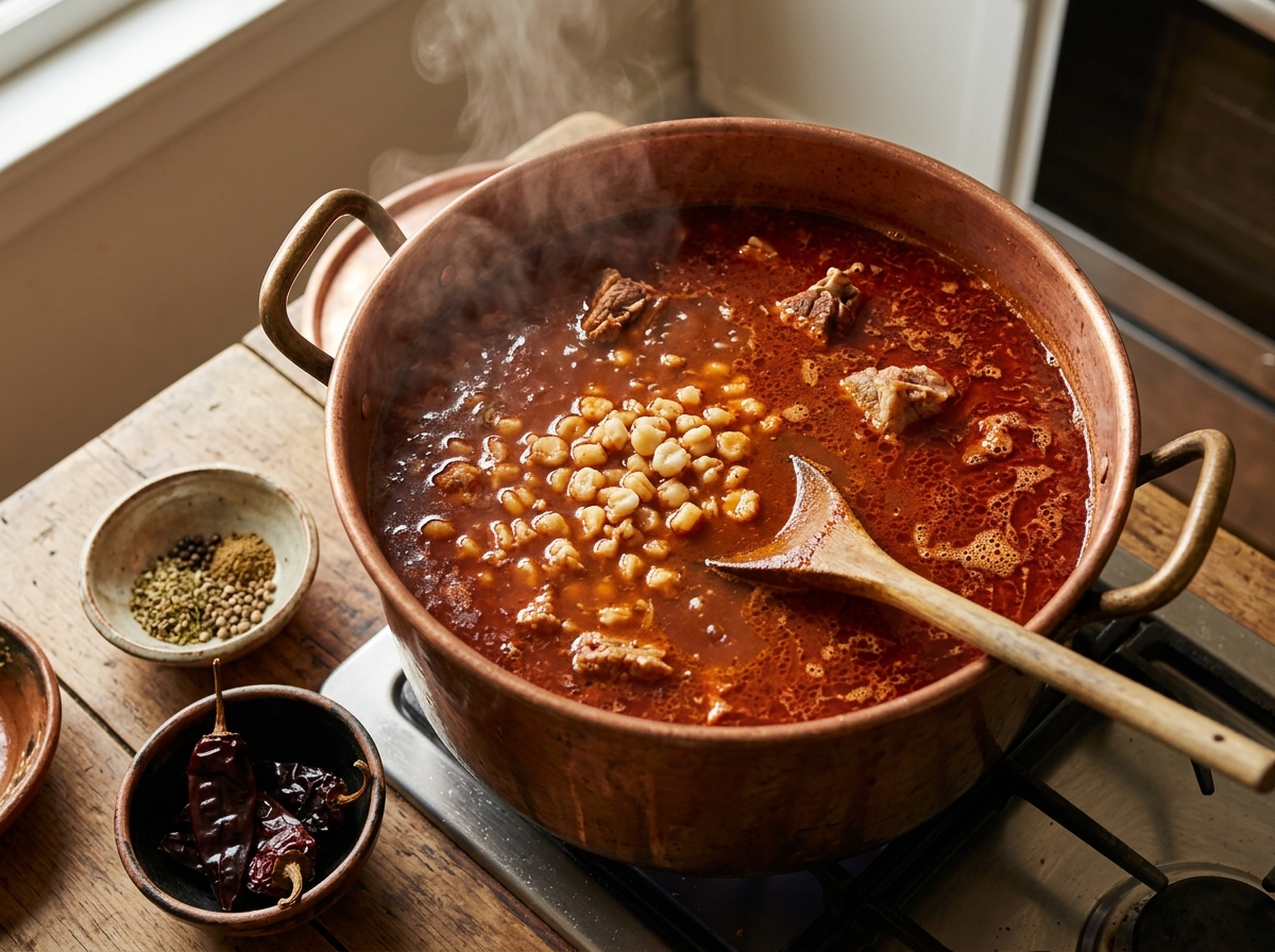 A steaming bowl of posole rojo topped with radish and cabbage.