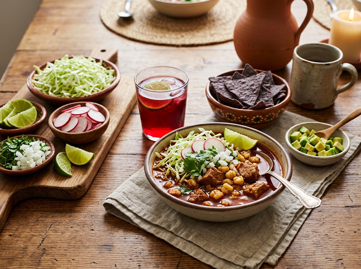 A toppings spread of radish, cabbage, lime, and avocado for posole.